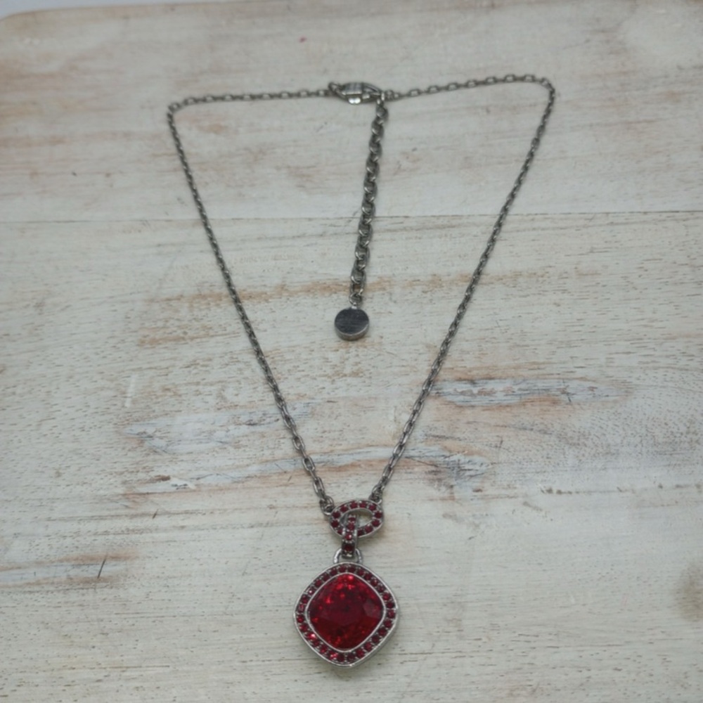 Givenchy Red Crystal and Silver Chain  Geometric Pendant Necklace. Like new